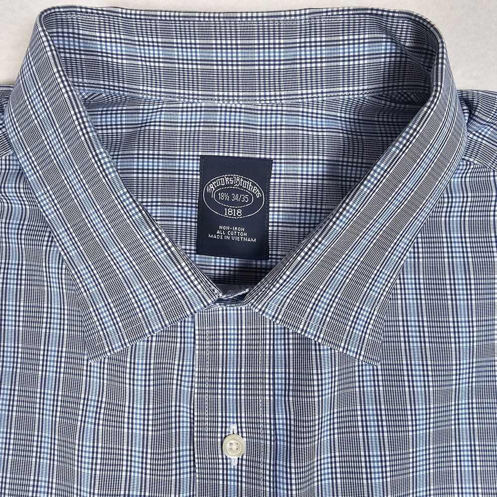 Brooks Brothers Shirt Mens 18.5 34/35 Blue Plaid Button Up Long Sleeve Non Iron - Picture 4 of 6